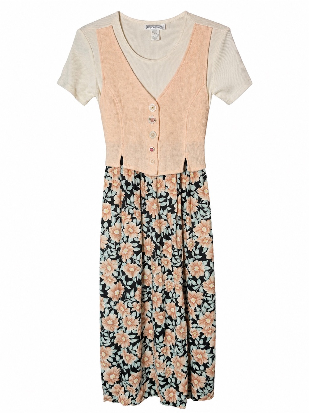 Vintage 90s Cottagecore Vest Overlay Floral Midi Dress Cream Pink Small
